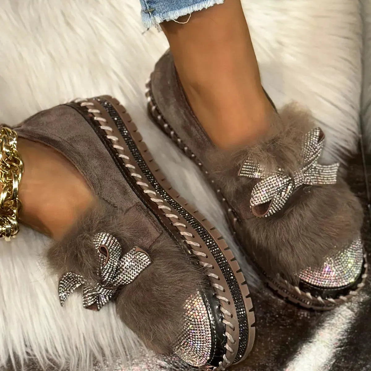 Fuzzy Bowknot Rhinestone Platform Loafers by Partner Label