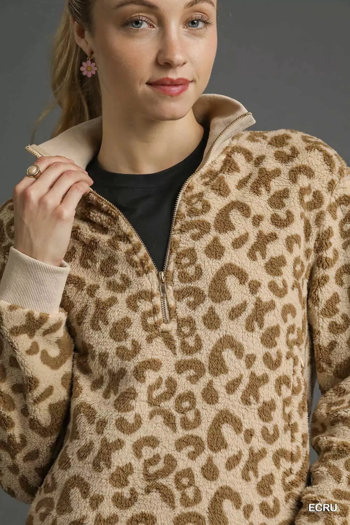 Umgee Leopard Print Quarter-Zip Sweatshirt by Umgee