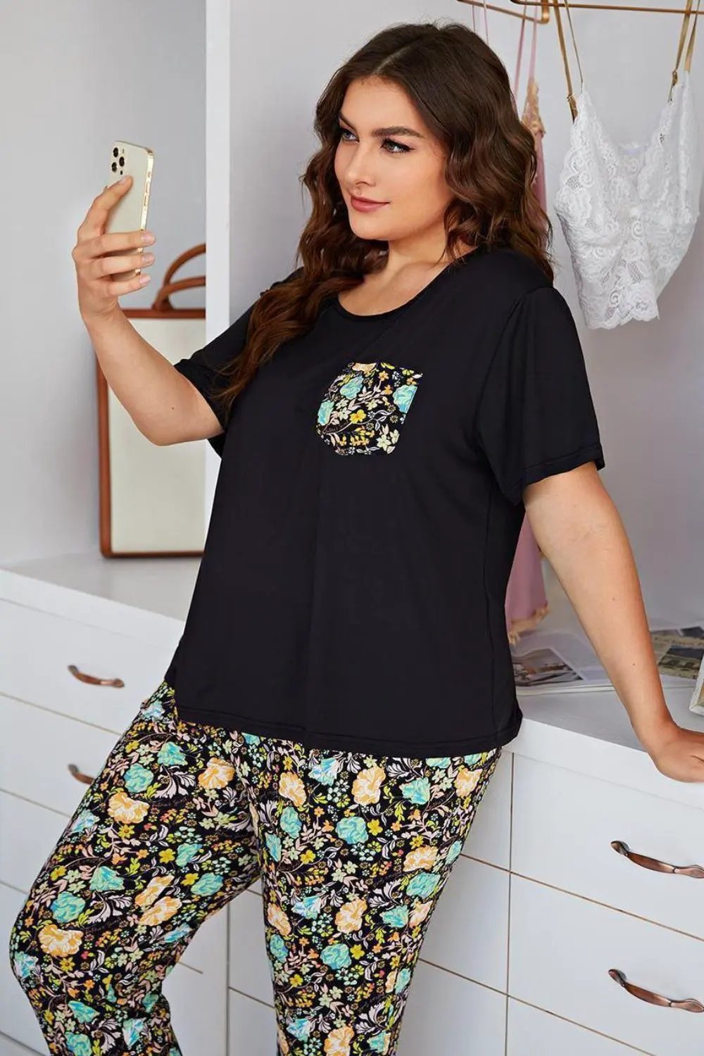 Plus Size Contrast Round Neck Tee and Floral Pants Lounge Set by Partner Label