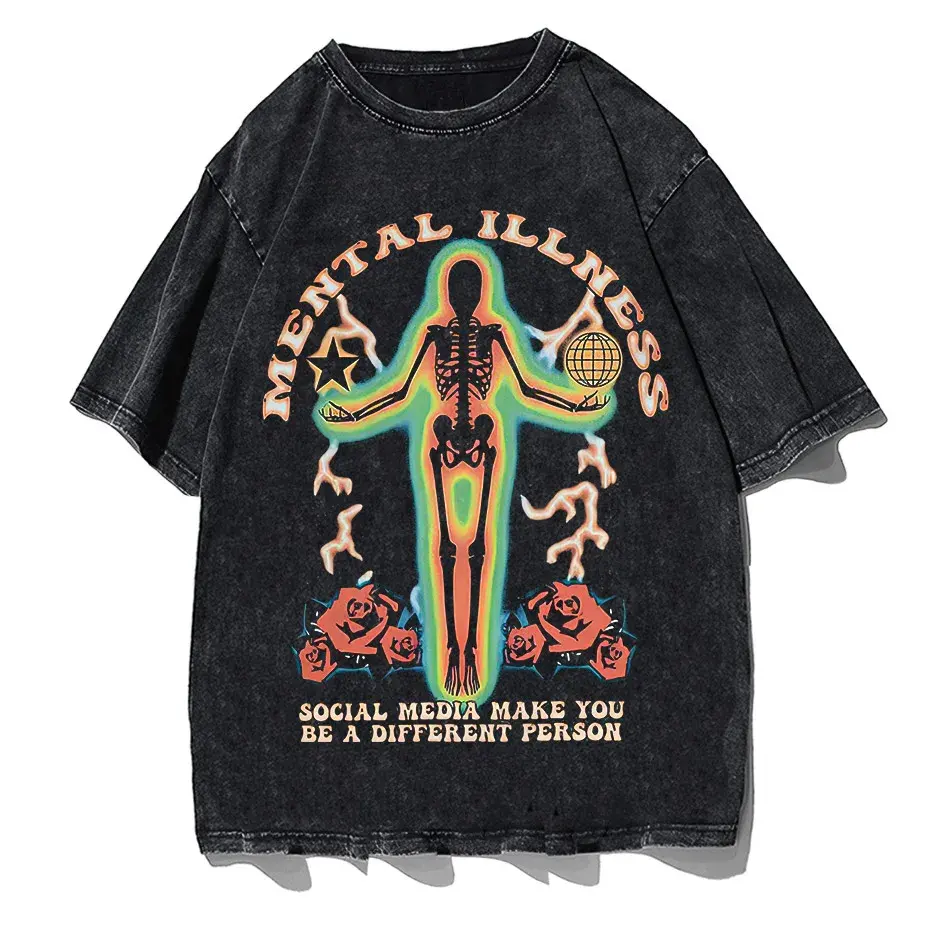 Skeleton Rose Graphic Vintage Washed Cotton T-Shirt Streetwear by Vimost Shop