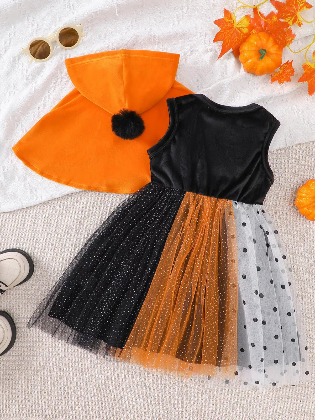 Children's Halloween Pumpkin Hooded Cape and Polka Dot Tulle Dress Set by Trendsi