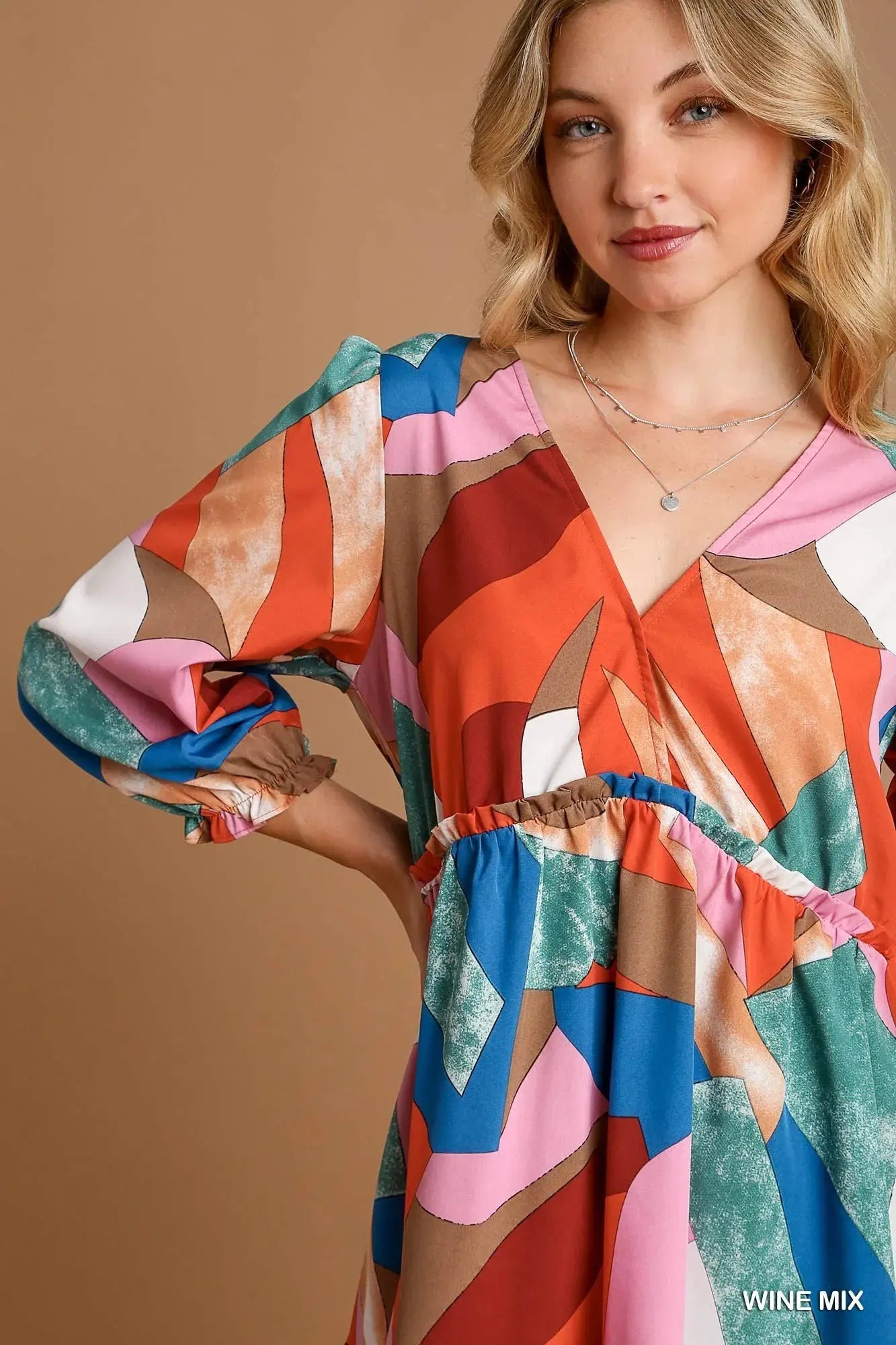 Umgee Abstract V-Neck Tiered Printed Dress by Umgee