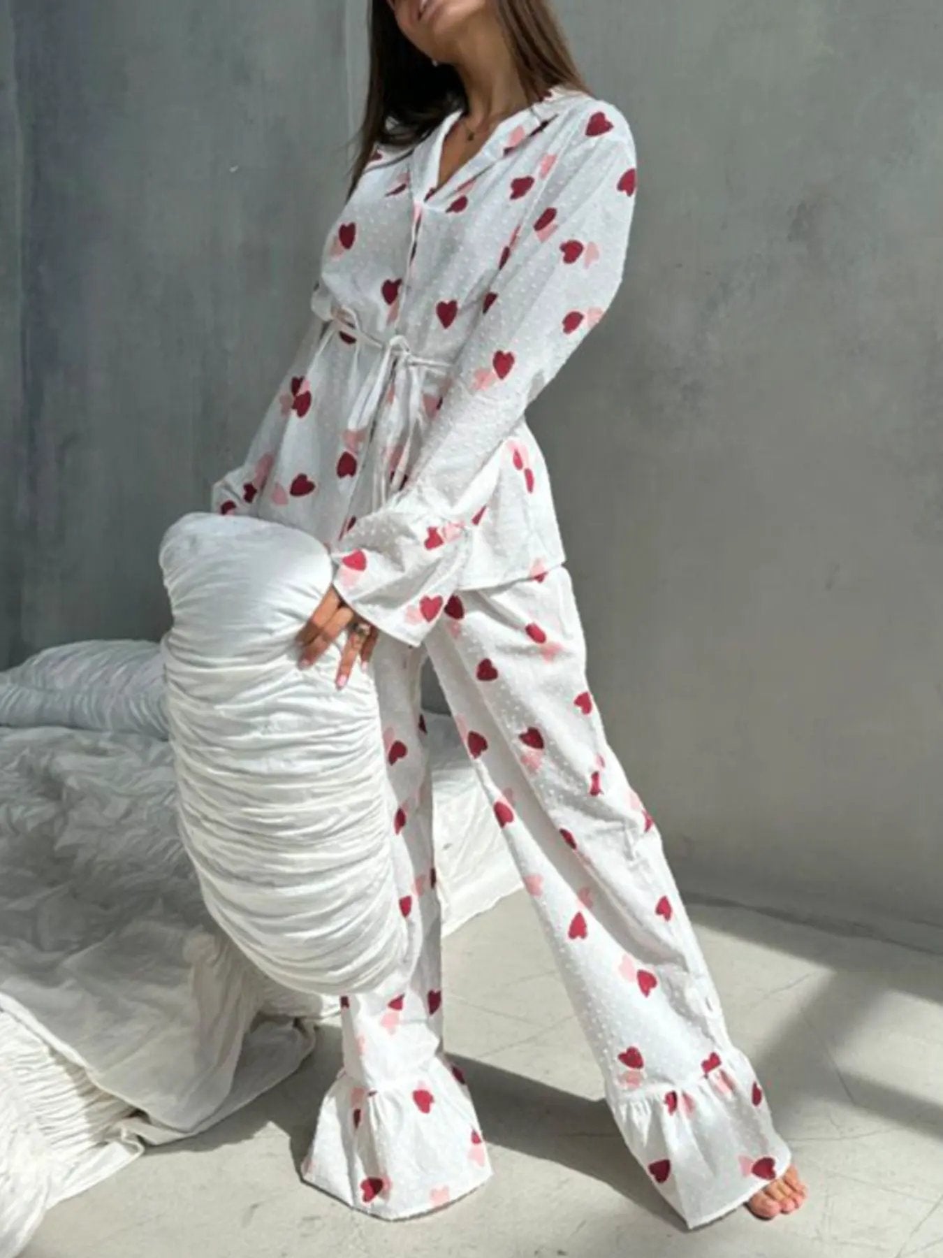 Heart Print Long Sleeve and Pants Lounge Set by Partner Label