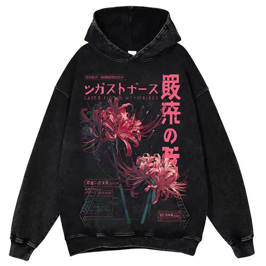 Anime Washed Spider Lily Graphic T Shirt Men Streetwear by Vimost Shop