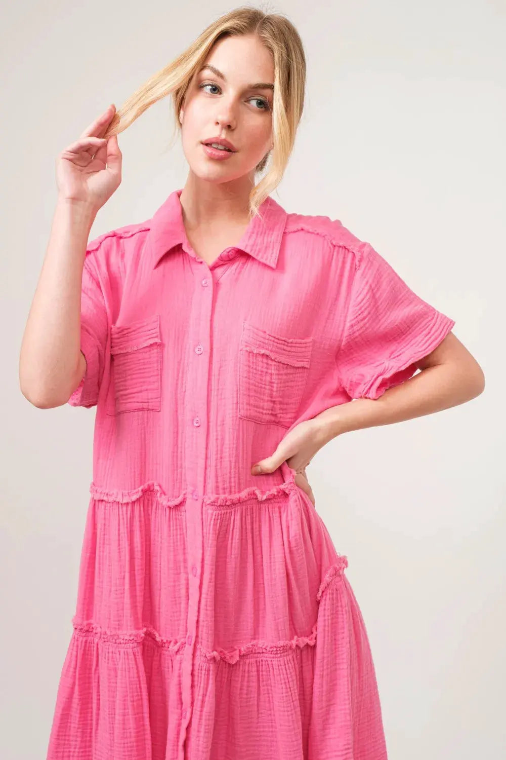 And The Why Full Size Raw Edge Washed Tiered Shirt Dress by And The Why