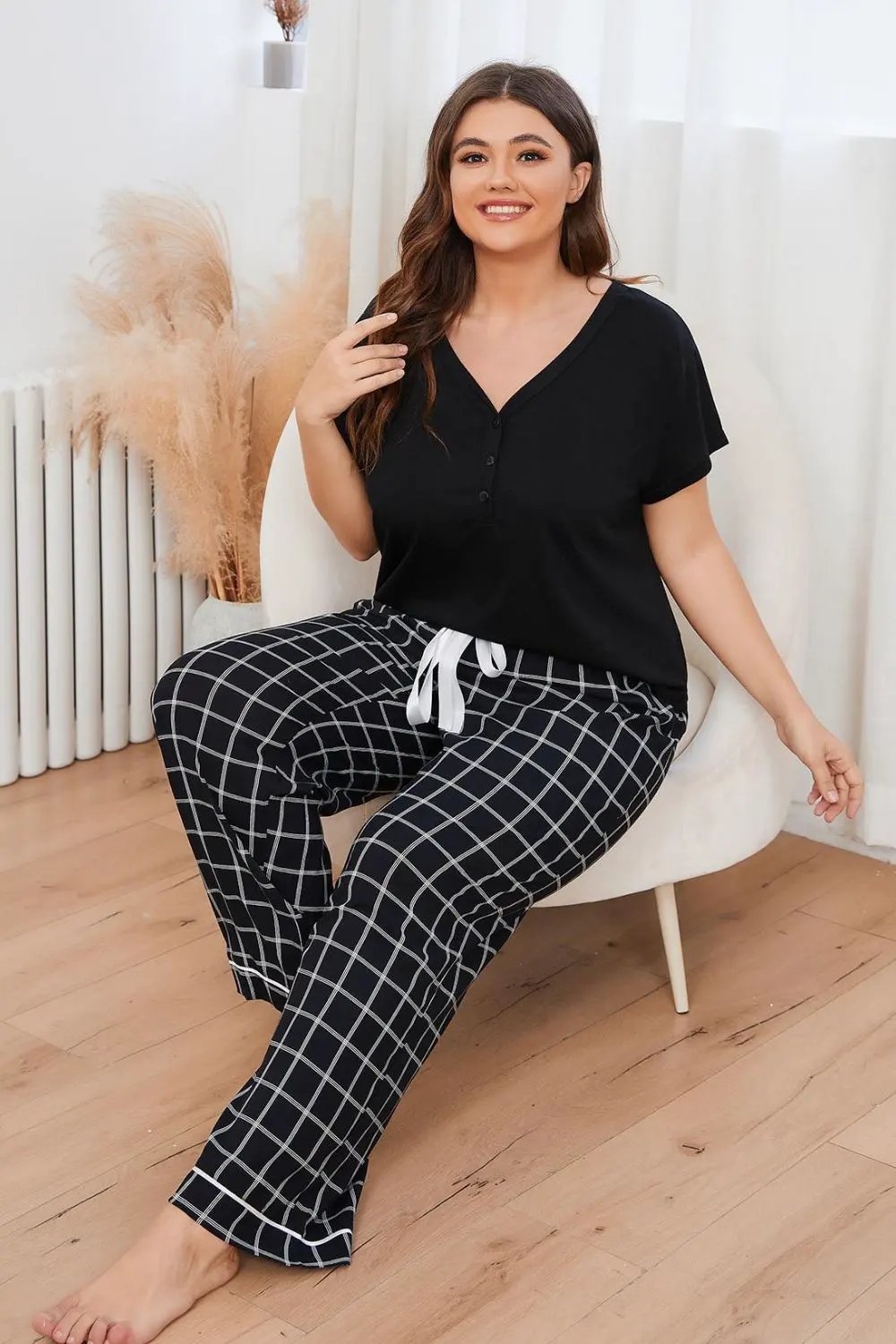 Plus Size V-Neck Top and Plaid Pants Lounge Set by Partner Label