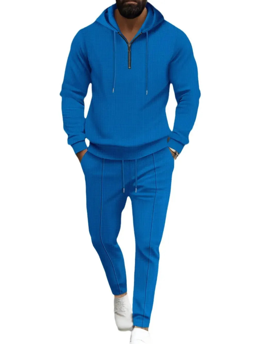Men's Full Size Waffle-Knit Half Zipper Hoodie and Pants Set Plus Size by Trendsi