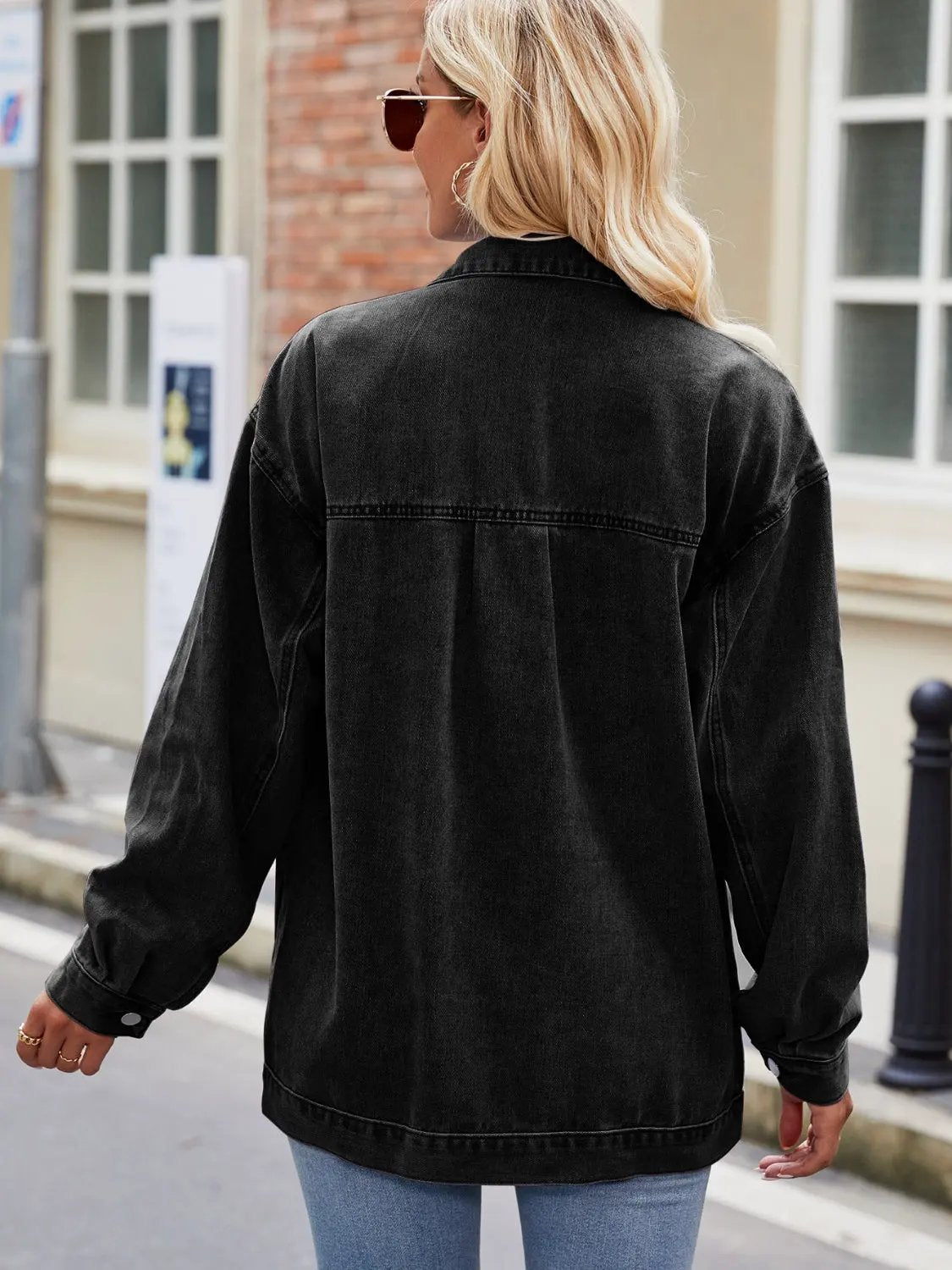 Button Up Denim Jacket with Pockets by Partner Label