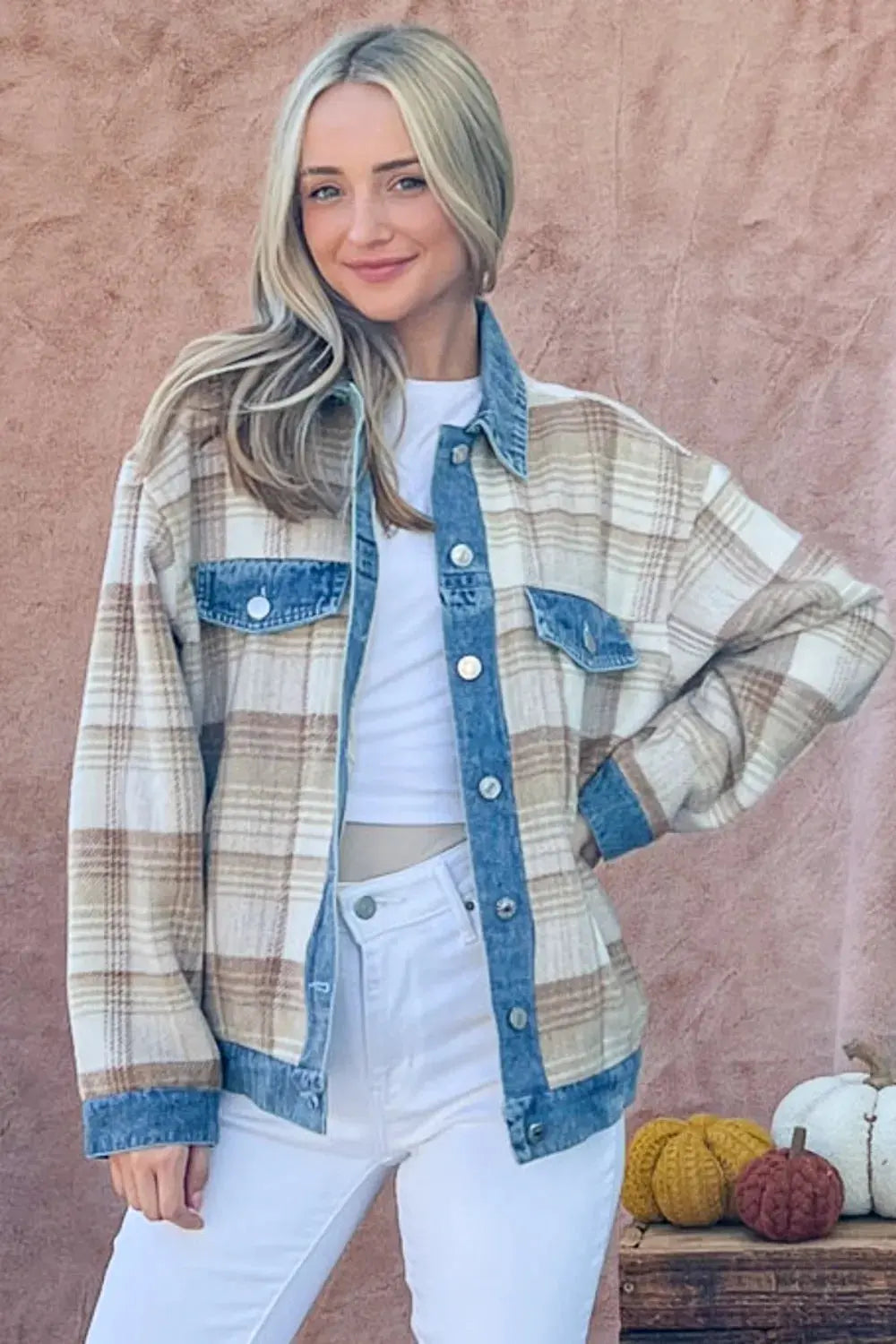 And The Why Full Size Washed Denim Detail Brushed Plaid Jacket by And The Why