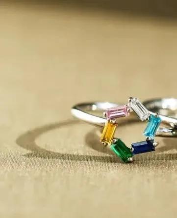 925 Rectangular Birthstone Ring Female Simple Fashion 3-6 Diamond Color Optional Customization by Maiden-Art