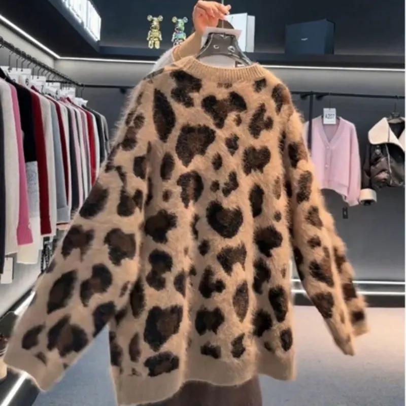Leopard Print Thick Warm Coat Loose Lazy Knitted Cardigan Sweater by Maiden-Art