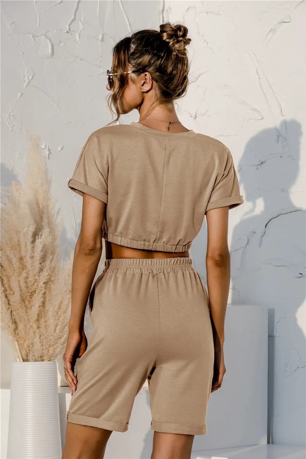 Short Sleeve Cropped Top and Drawstring Shorts Lounge Set by Partner Label