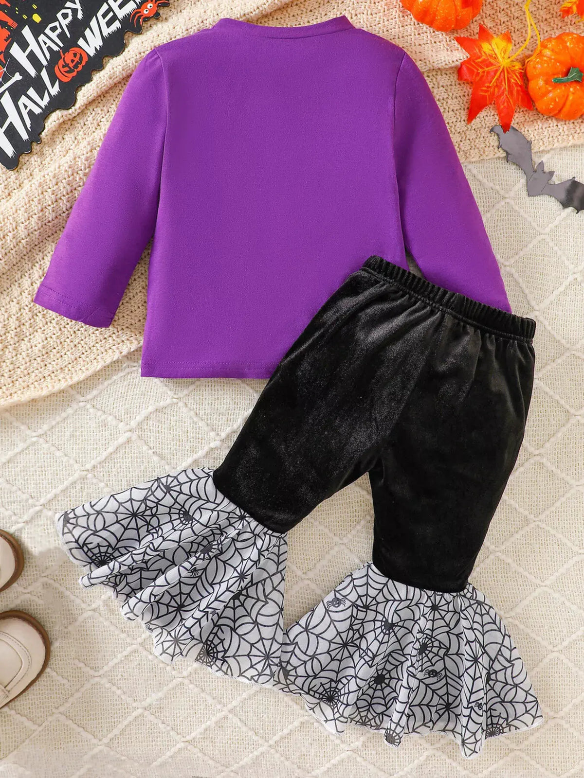 Children's Halloween Pumpkin Long Sleeve Top and Spiderweb Bell Bottom Set by Trendsi
