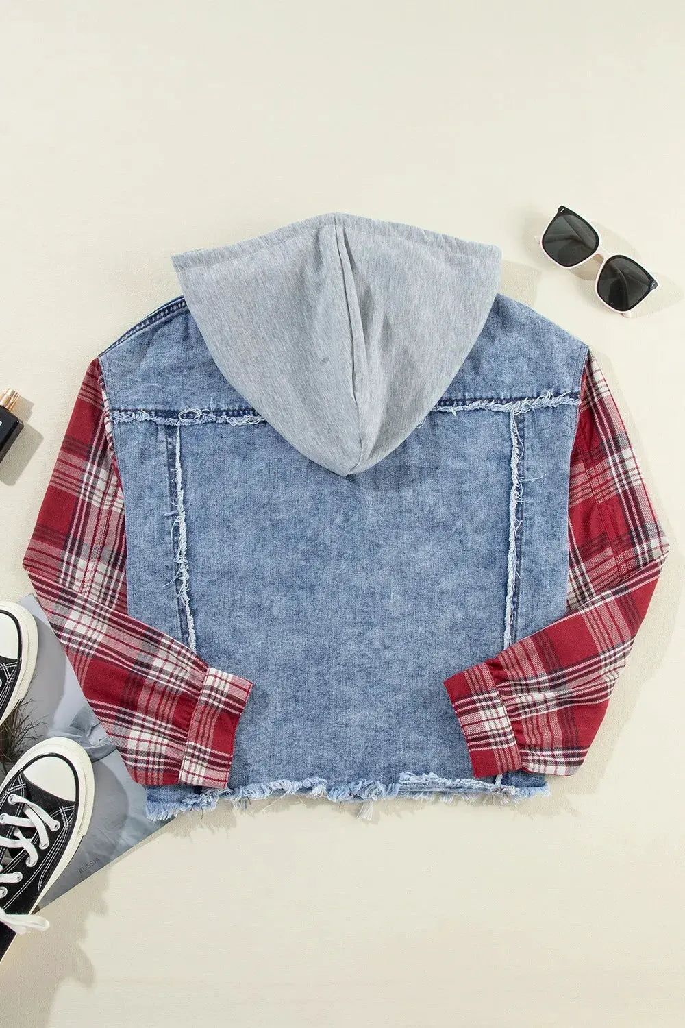 Raw Hem Drawstring Plaid Denim Jacket by Partner Label