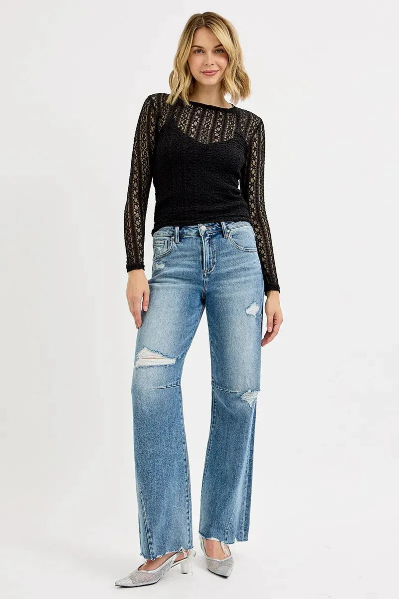 RISEN Full Size Mid Rise Fit Wide Baggy Leg Tie Washed Jeans Plus Size by RISEN