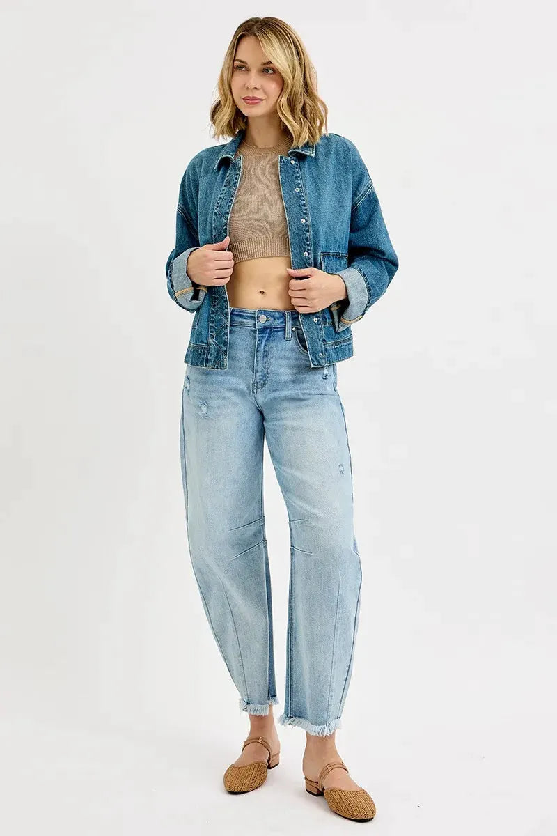 RISEN Oversized Cargo Pocket Denim Jacket with Cuffed Sleeves by RISEN