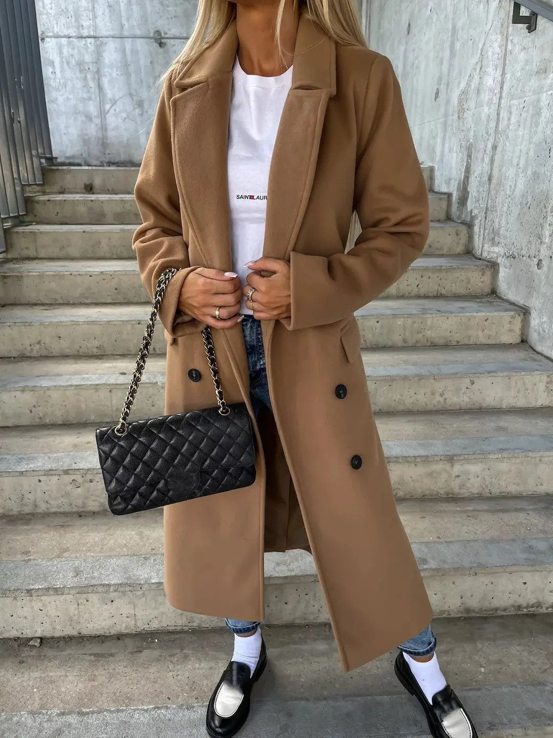 Double-breasted Lapel Split Jacket With Belt Winter Fashion Casual Long Sleeve Button Daily Coats For Women Clothing by Maiden-Art