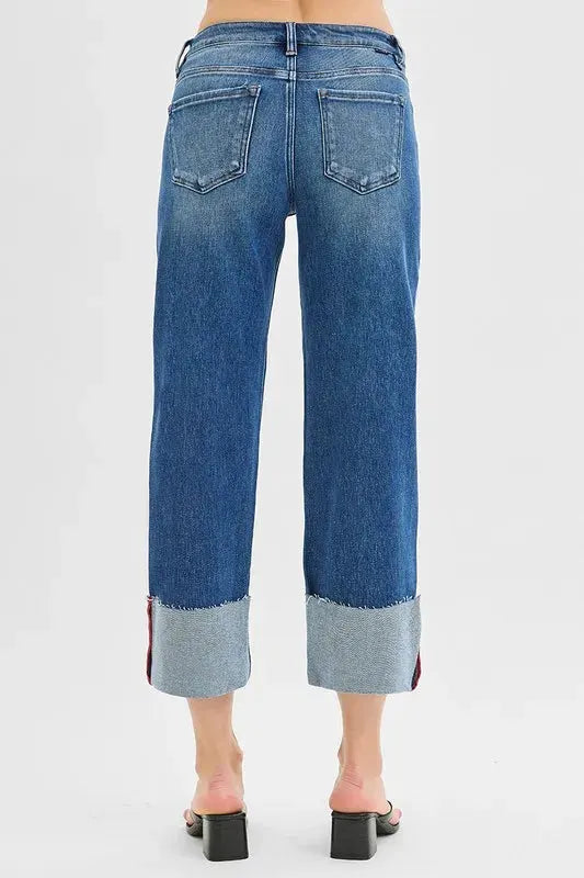RISEN Full Size Tummy Control Mid Rise Crop Wide Cuffed Jeans Plus Size by RISEN
