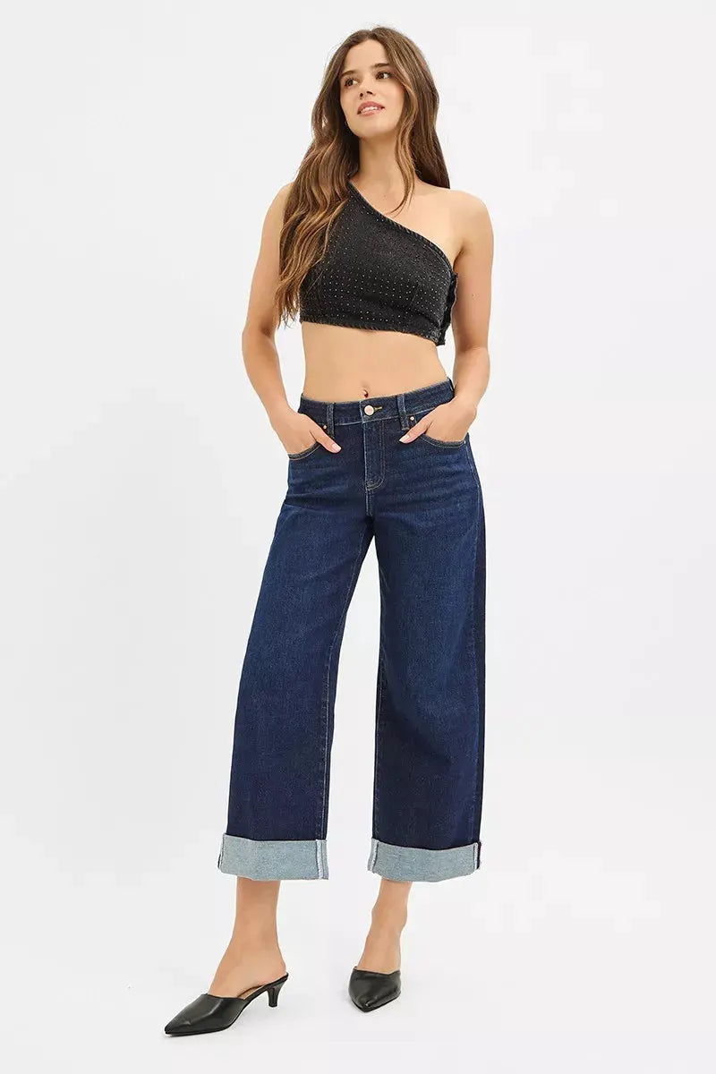 RISEN Mid Rise Fit Ankle Wide Roll Up Jeans by RISEN