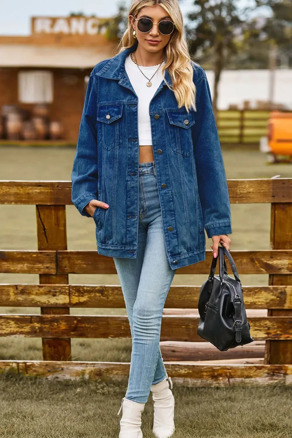Buttoned Collared Neck Denim Jacket with Pockets by Partner Label