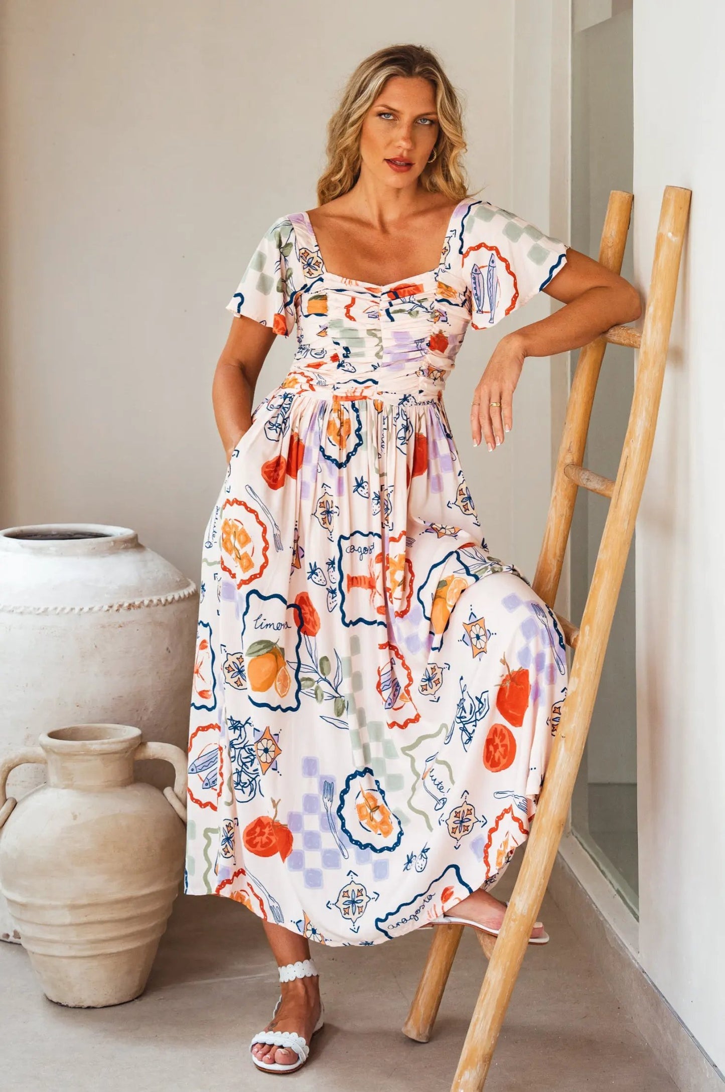 Clemente Gathered Midi Dress by ELF