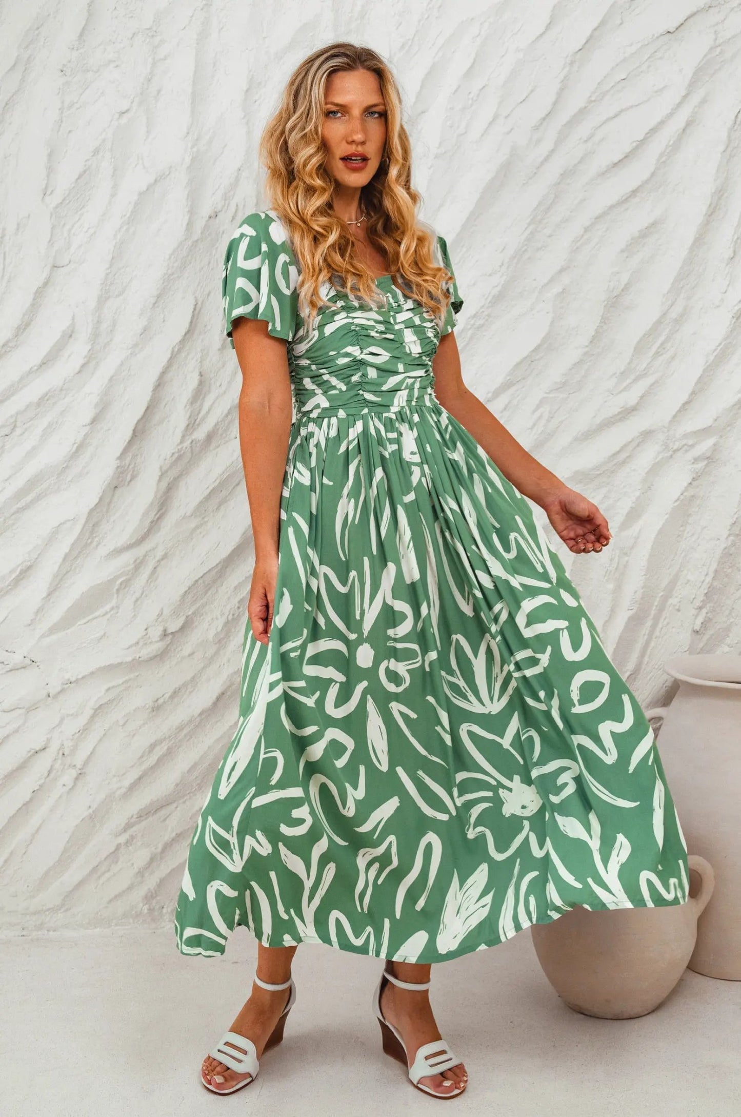 Clemente Gathered Midi Dress by ELF
