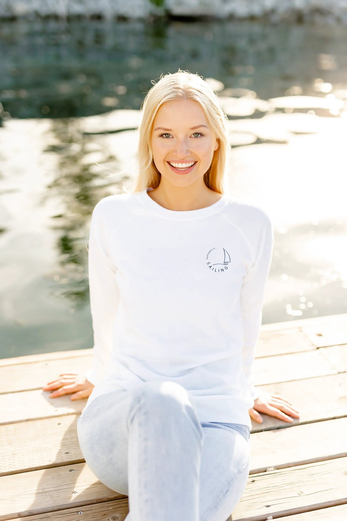 Women's Sailing Crew Sweatshirt Left Chest, White by Sailing Collection