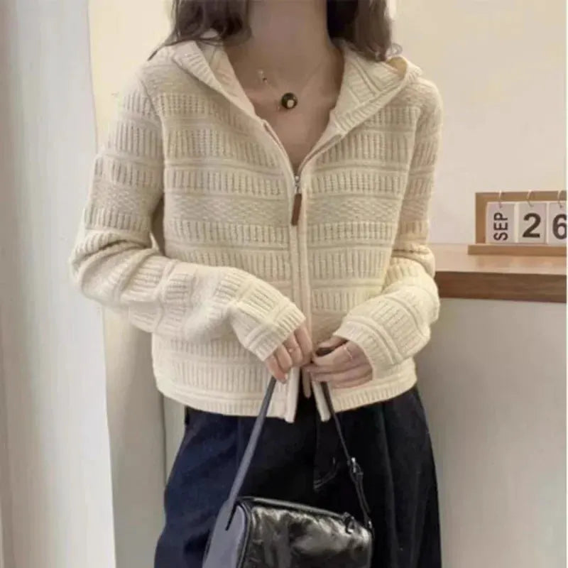 Autumn and Winter Thickened 100% Pure Wool Women's Hooded Knit Cardigan Loose Sweater Coat with Double Zippers Short Style by Vimost Shop