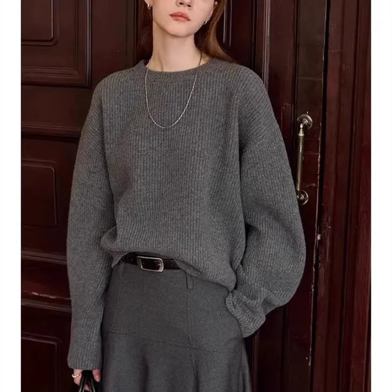 Vintage thick cashmere knitwear women's fall/winter loose shoulder crew neck sweater base sweater by Vimost Shop