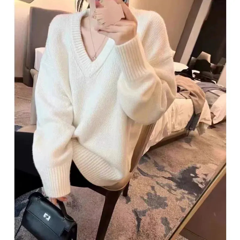 V-neck 100 pure wool sweater for women in autumn and winter, loose and thick sweater, long-sleeved knitted top by Vimost Shop