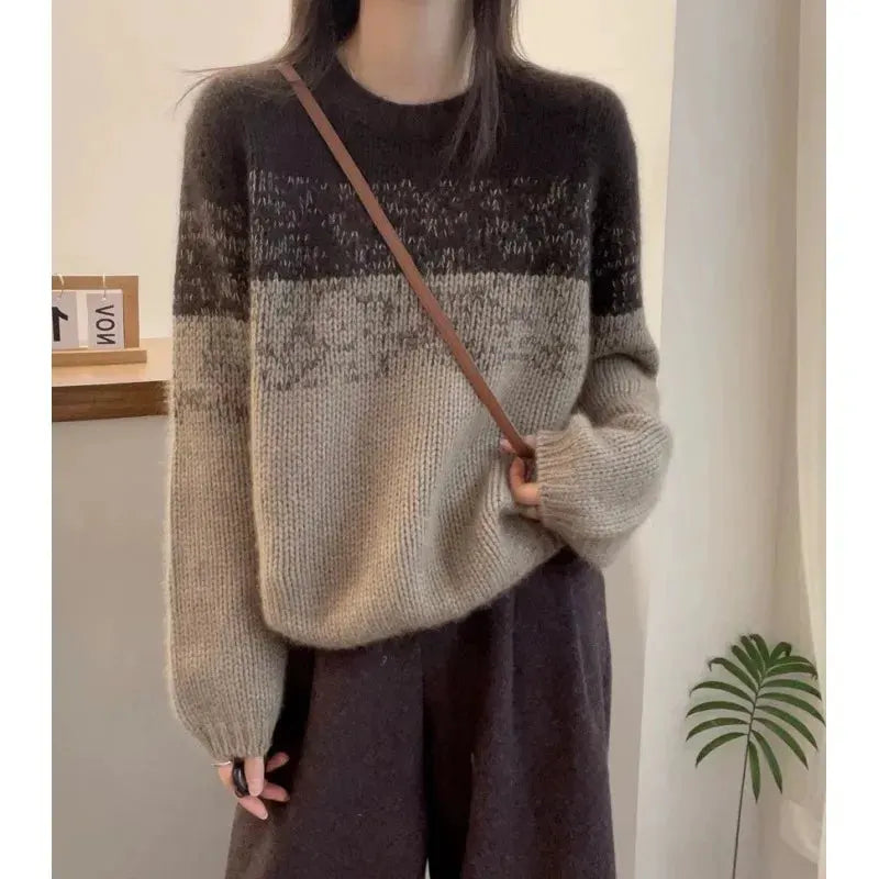 Crew-neck matching striped cashmere sweater women's long-sleeved autumn/winter loose wool base sweater by Vimost Shop