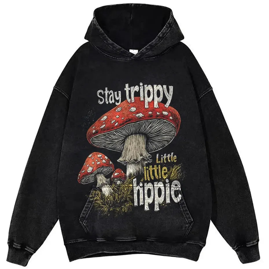 Vintage Mushroom Print Washed Cotton T-Shirt Women Hippie Streetwear by Vimost Shop