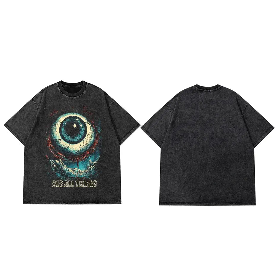 Hip Hop Retro Washed Black T-Shirt Streetwear Big Eyeball Graphic T Shirt Cotton Unisex Tshirt Men Tops Tees Dope Y2K by Vimost Shop