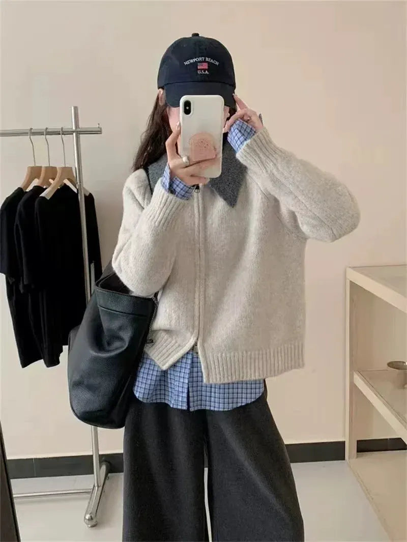 Color-blocked lapel 100% cashmere cardigan women's knitted sweater Loose sweater Wool sweater coat by Vimost Shop