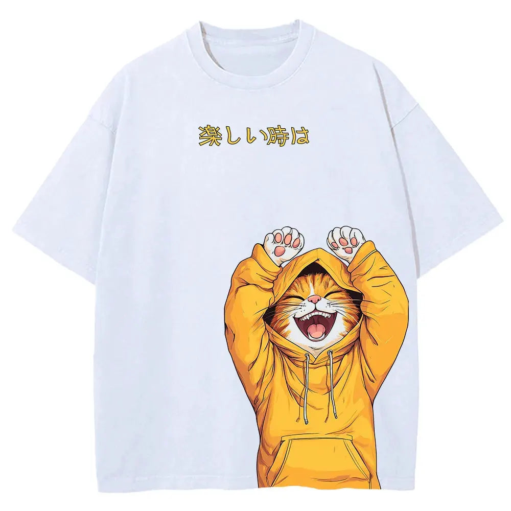 Funny Cat Print Oversized Hip Hop T-Shirt by Vimost Shop