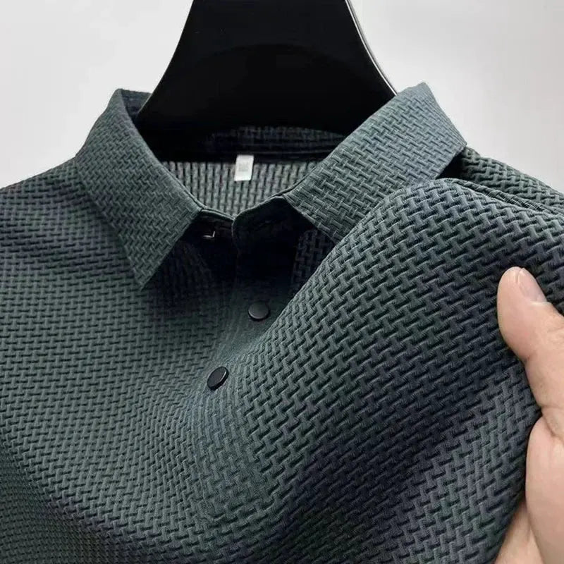 Men's Textured Short-Sleeve Polo Shirt with Collar and Button Placket by Vimost Shop