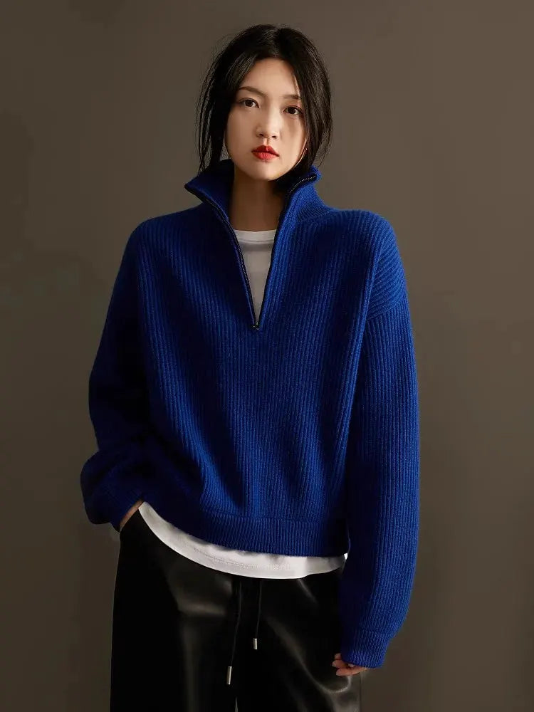 100% pure cashmere sweater women's half zip stand collar thick loose lapel pullover sweater by Vimost Shop