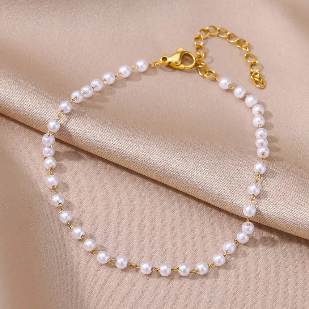 Anklets for Women Summer Beach Accessories Stainless Steel Imitation Pearl Chain Anklet Gold Color Leg Bracelets Bodychain Gifts by MAIDEN-ART