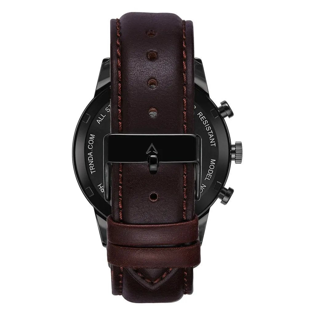 Trnda Men's Stainless Steel Black Watch, Brown Leather Band | Trnda-43mm by TRNDA