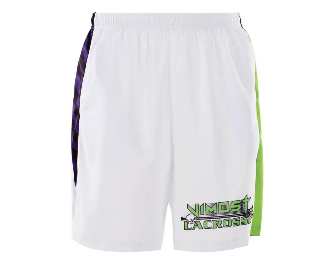 Custom White Green Lacrosse Pinnies and Shorts by Vimost Sportswear