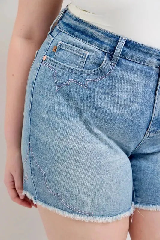 Judy Blue Full Size High Waist Western Embroidery Detail Cut Off Denim Shorts Plus Size by Judy Blue