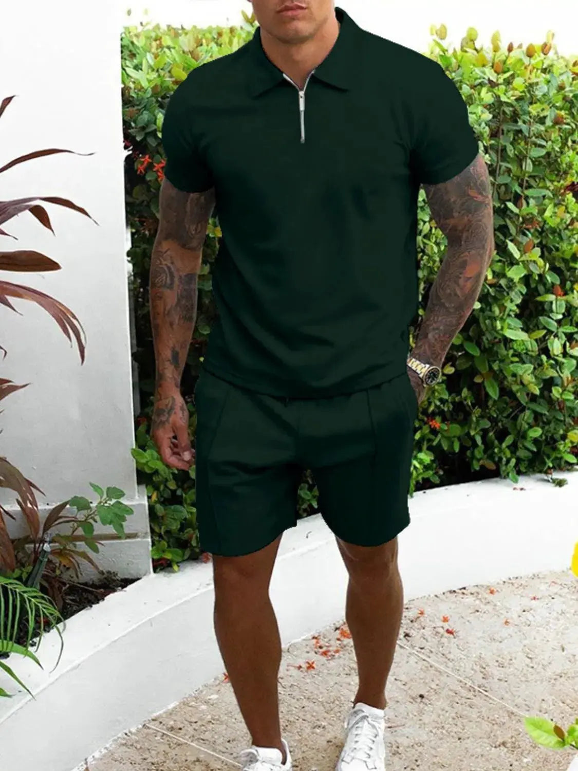 Men's Full Size Collared Neck Short Sleeve Top and Shorts Set Plus Size by Trendsi