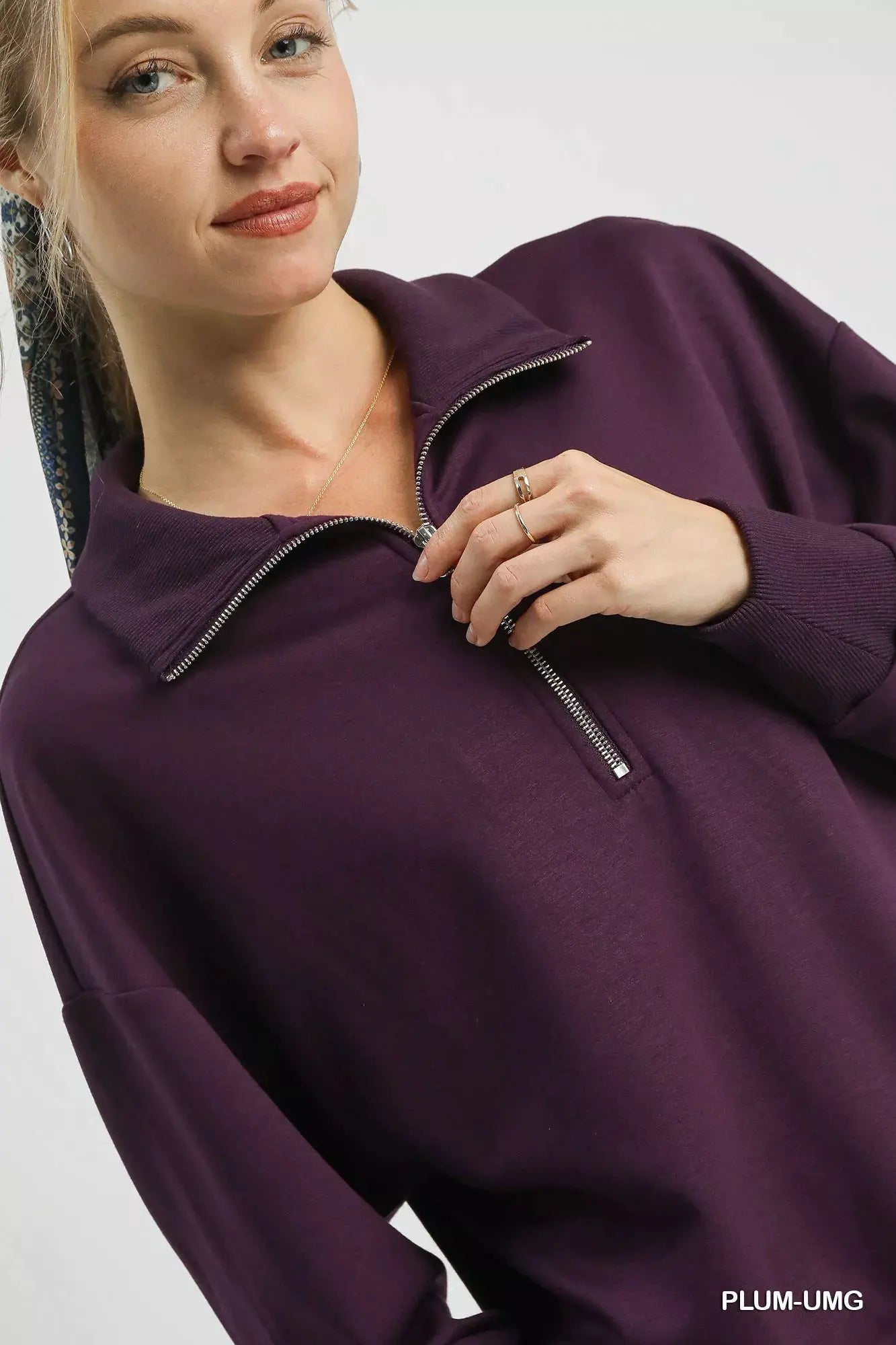 Umgee Half Zip Drop Shoulder Sweatshirt by Umgee