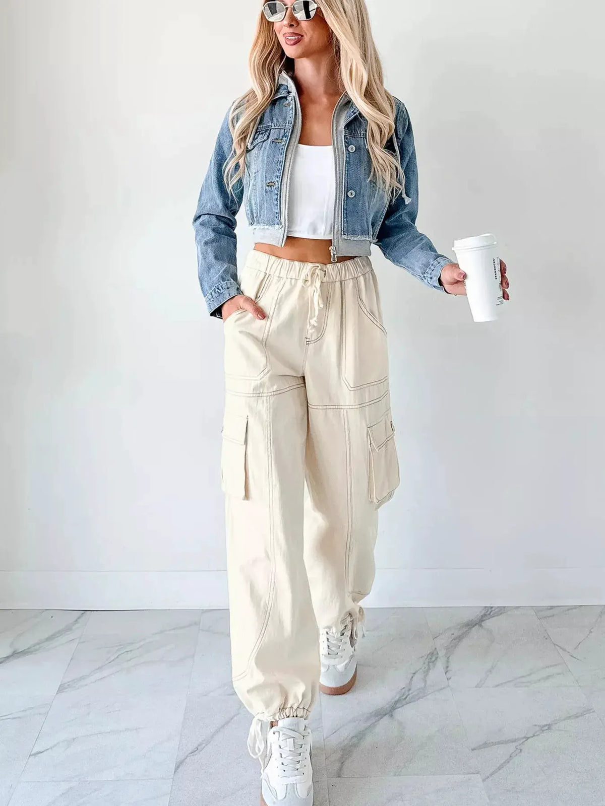 Distressed Zip Up Cropped Hooded Denim Jacket by Partner Label