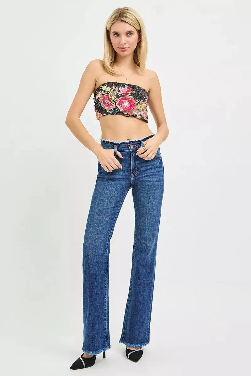 RISEN Full Size Mid Rise Bootcut Frayed Waistband Hem Detail Jeans Plus Size by RISEN