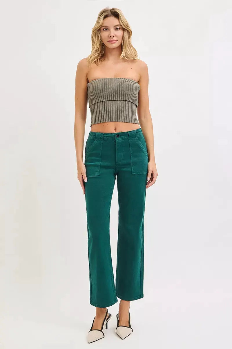 RISEN High Rise Ankle Flare Patch Pocket Jeans by RISEN
