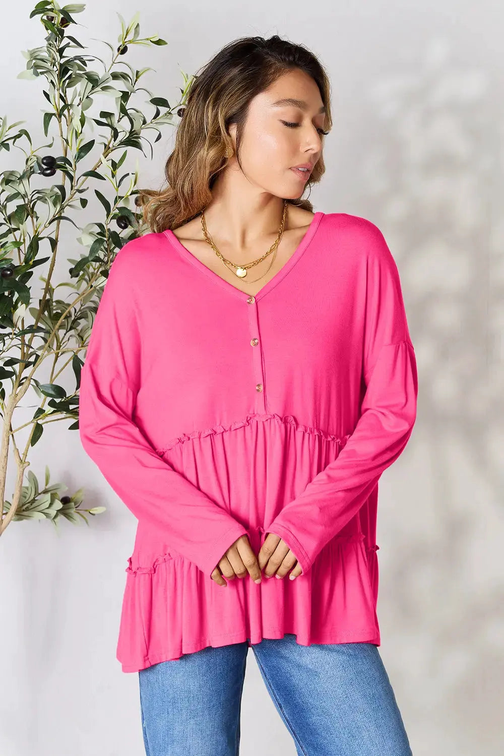 Double Take Half Button Long Sleeve Ruffle Hem Blouse by Double Take