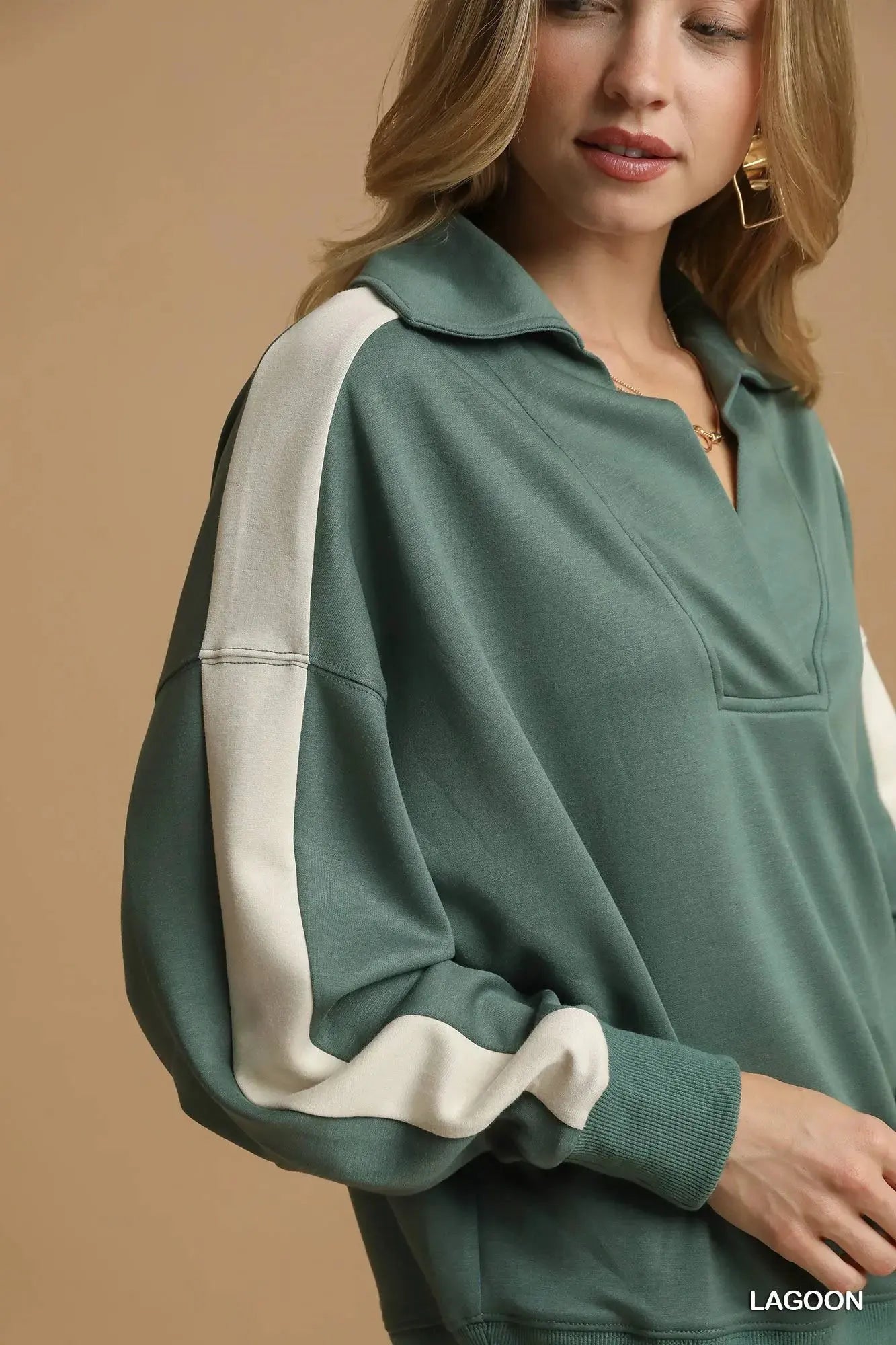 Umgee Contrast Long Sleeve Sweatshirt with Collar by Umgee