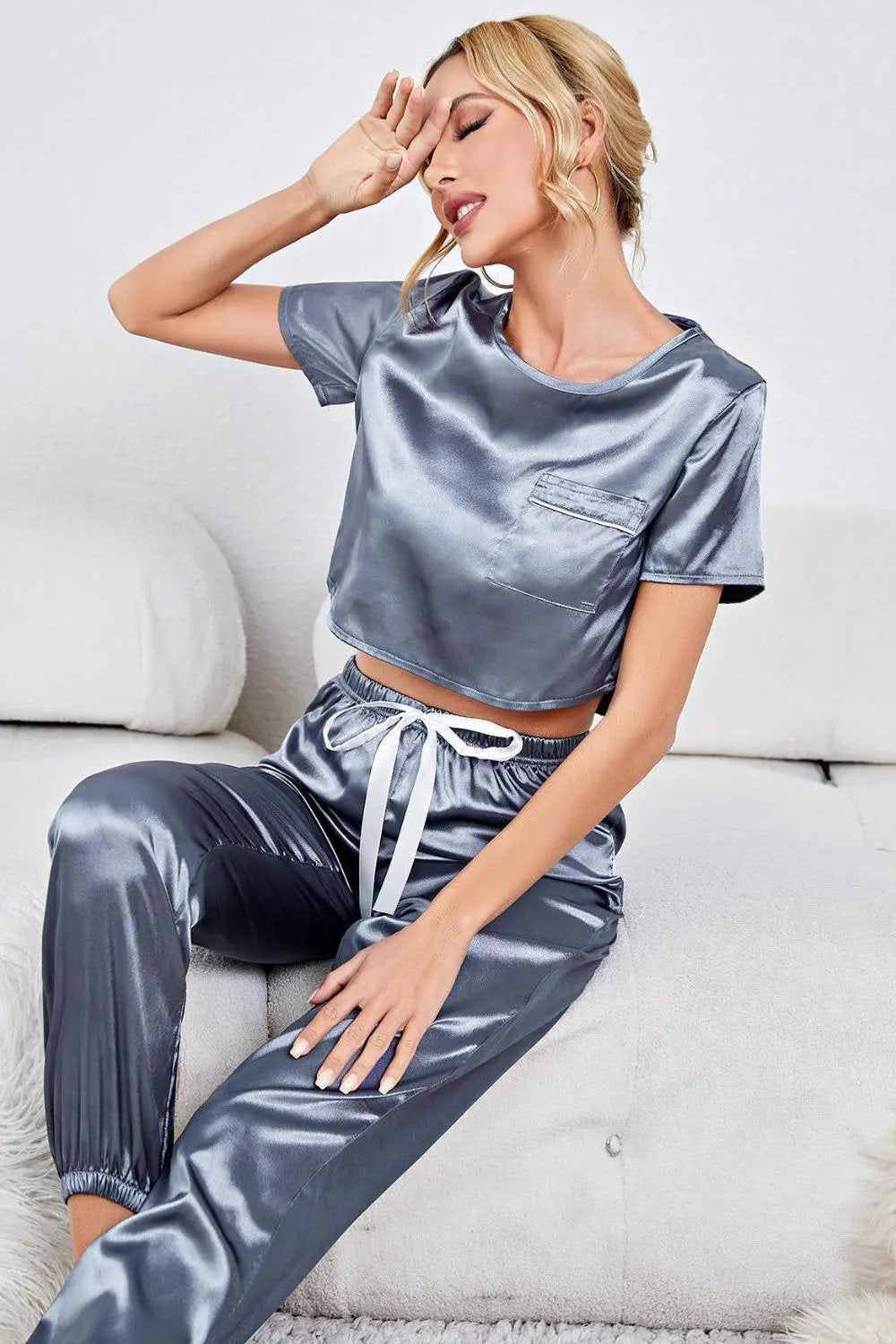 Satin Short Sleeve Crop Top and Joggers Lounge Set by Partner Label