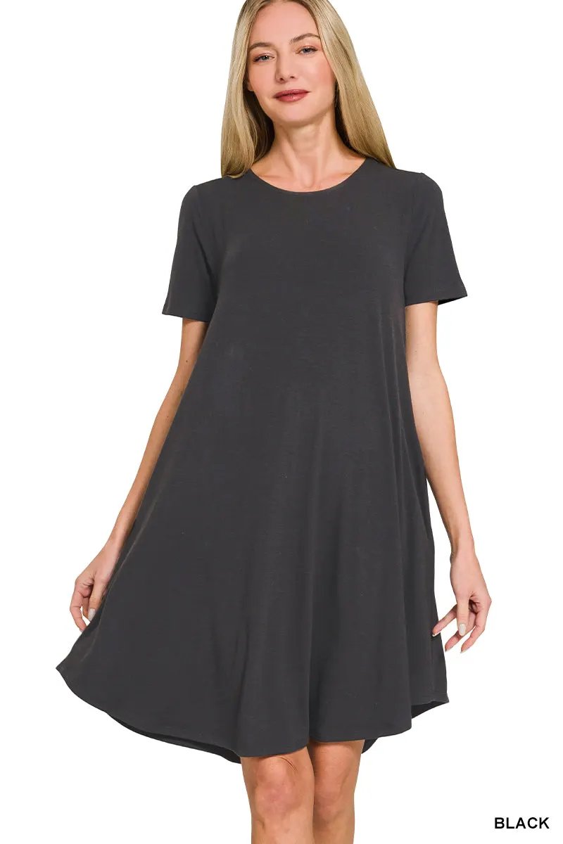 Zenana Short Sleeve Round Hem A-line Dress with Side Pockets by Zenana